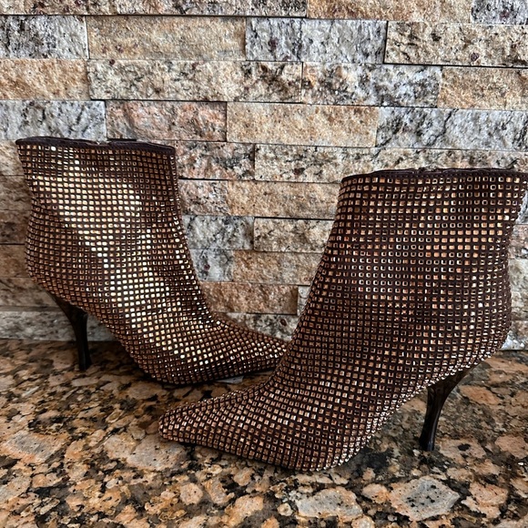 Jeffrey Campbell "Glammed" booties in bronze w/rhinestones over satin - Picture 5 of 8